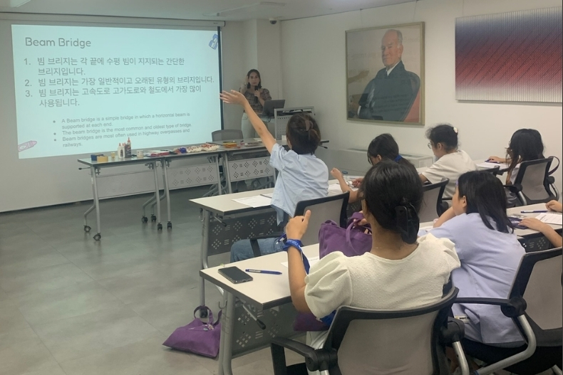 Girls sit in a classroom and raise their hands during a lesson, while a staff member presents information at the front of the room. Faces are covered.