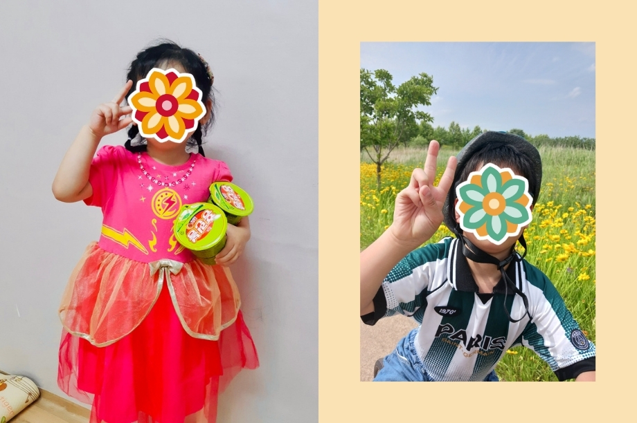 A child dressed in a bright red costume poses indoors, and a second image shows the same child making a peace sign outdoors. Faces are covered.