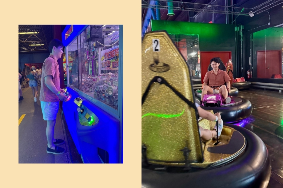 Children enjoy arcade activities, including bumper cars and interactive light games, in a brightly lit indoor entertainment center. Faces are covered with stickers.