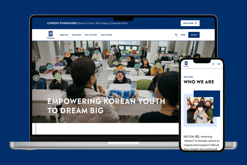 KKOOM website homepage showing students gathered around a table during a workshop, with navigation and mission statement visible.