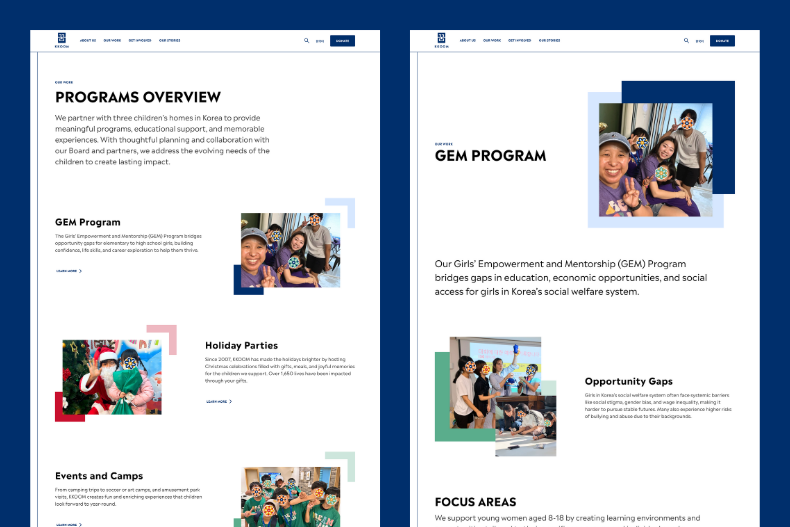 Side by side images of the Program Overview Page and the GEM Program Page highlighting KKOOM initiatives, with photos of students and brief program descriptions.