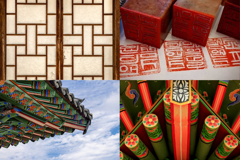 Close-up images of traditional Korean patterns, colors, and materials arranged as a design mood board.