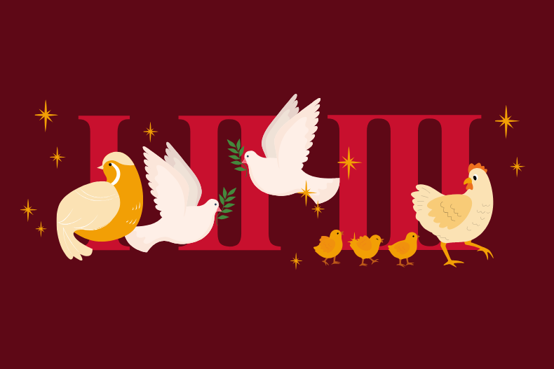 Illustration of Roman numeral “I to III” on a deep red background, decorated with birds including two white doves, a golden bird, a hen, and three small yellow chicks, surrounded by gold stars.
