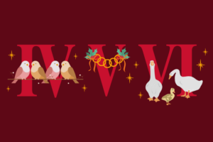 Illustration of Roman numerals “IV to VI” on a deep red background, featuring small birds perched together, festive garland, and two white geese standing side by side.