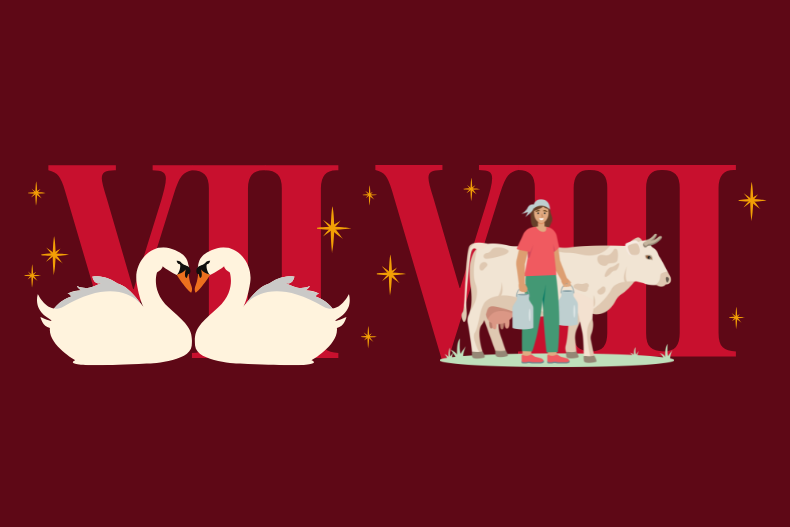 Illustration of Roman numerals “XI” and “XII” on a deep red background, featuring hanging garlands and a person playing a drum, with gold stars scattered throughout.