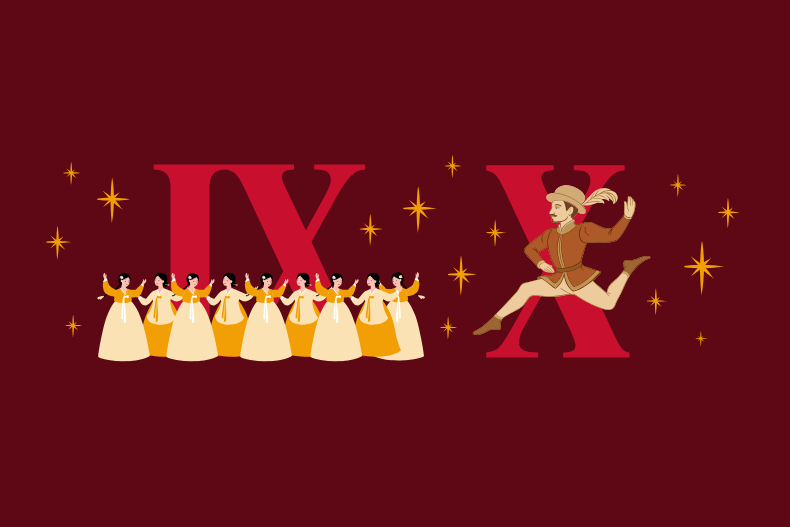 Illustration of Roman numerals “IX” and “X” on a deep red background, with a row of dancers in yellow dresses and a person mid-leap, surrounded by small gold stars.