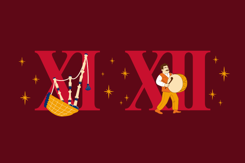 Illustration of Roman numerals “VI” and “VII” on a deep red background, showing two white swans forming a heart shape with their necks and a farmer standing beside a cow, with gold stars around them.