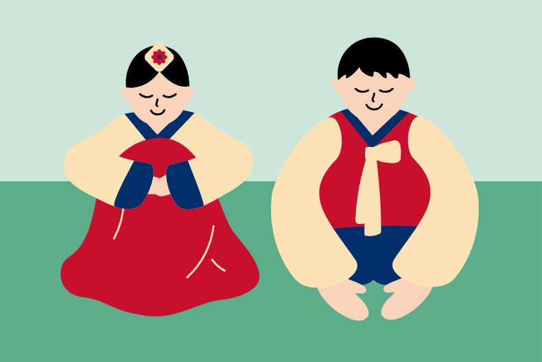 Illustration of children wearing traditional Korean hanbok performing sebae, a formal New Year’s bow to show respect to elders during Seollal.Illustration of children wearing traditional Korean hanbok performing sebae, a formal New Year’s bow to show respect to elders during Seollal.