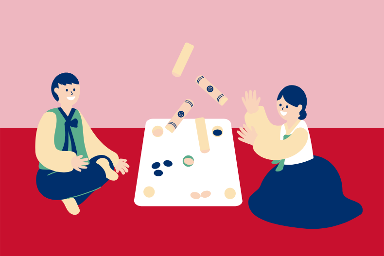 Illustration of people playing yutnori, a traditional Korean board game played during Seollal using wooden sticks instead of dice.