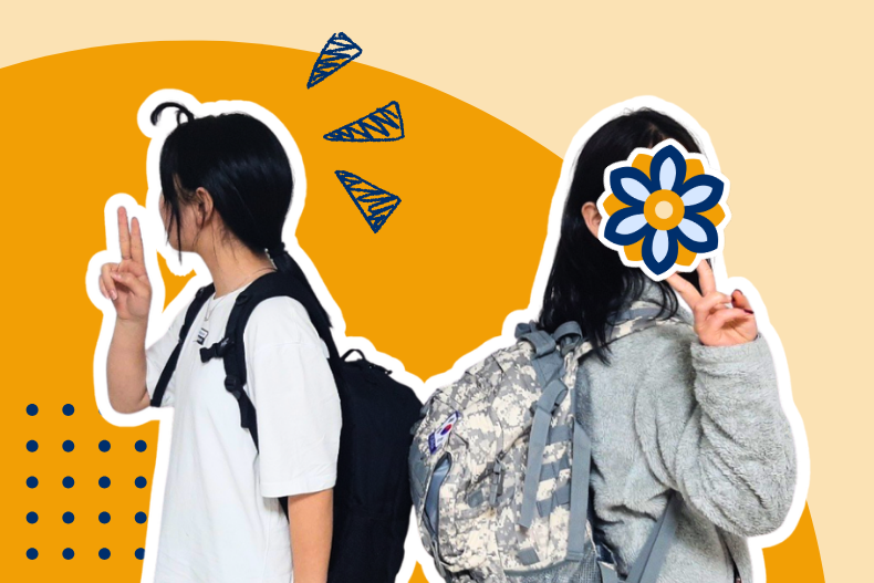 Students wearing backpacks representing KKOOM’s back-to-school fundraiser supporting youth in Korean children’s homes.