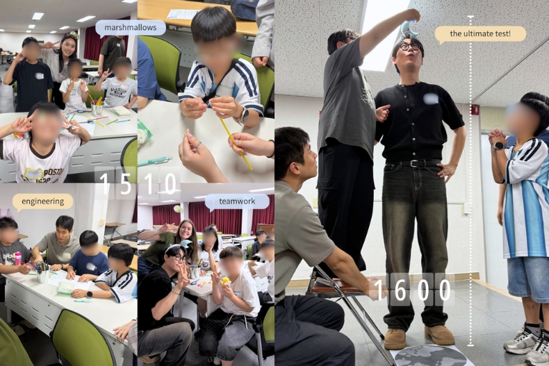 Photo collage of the Landing Capsule Challenge: students build capsules from marshmallows, straws, and toothpicks, then a volunteer drops a capsule from a moon headband for the final test.